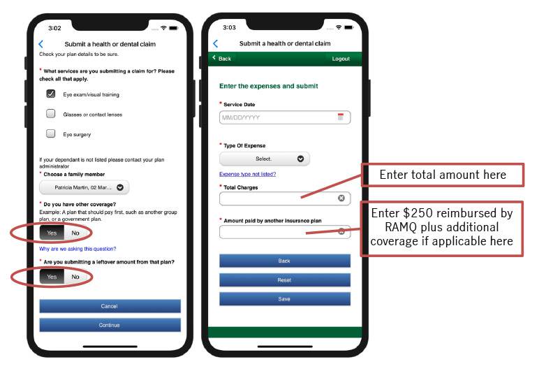 Enter the amount in input labeled 'Total Charges', Enter 250 dollars reimbursed by RAMQ plus additional coverage if applicable in the field labeled 'Amount paid by another insurance plan'