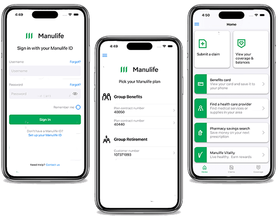 Three screenshots of the Manulife Mobile app that show the sign in screen, the choose plan screen, and your secure plan home page screen.