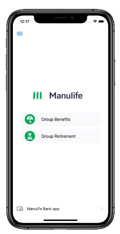 Homepage of the Manulife Mobile app with two buttons to select either group benefits or group retirement.