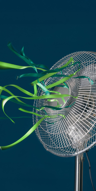 Fan blowing strips of green ribbons.