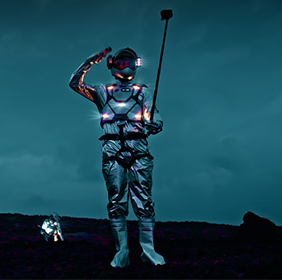 A person in a full astronaut costume, pretending to explore a new planet.