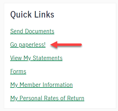 Screenshot of the quick links section on the member site with an arrow pointing to the second link "Go paperless!"