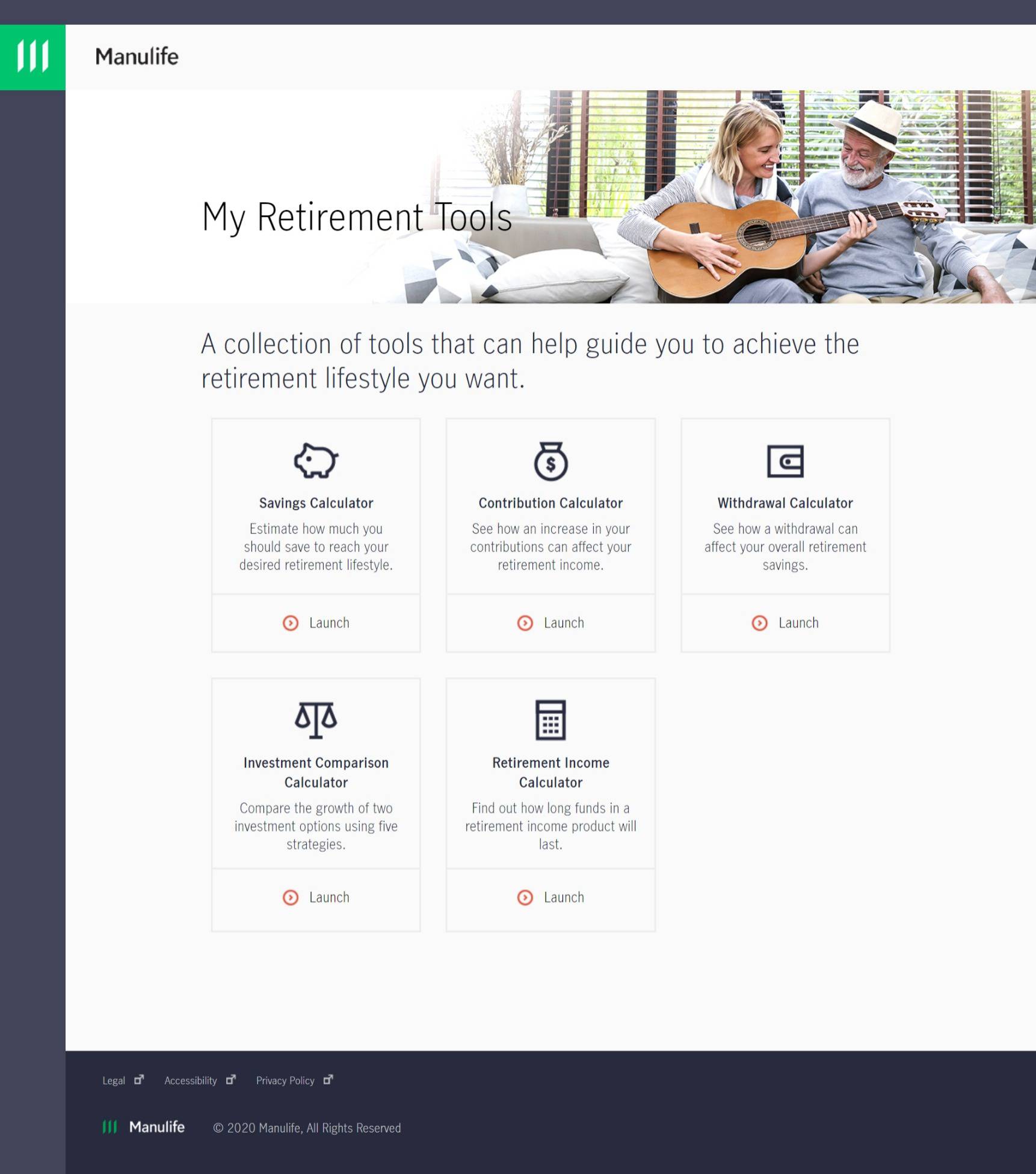 A screenshot of the My Retirement Tools homepage