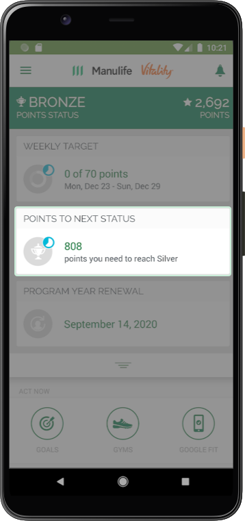 Screenshot highlighting the points to next status menu option