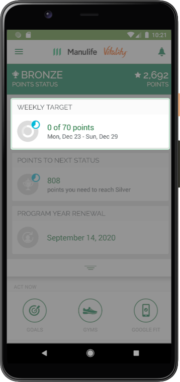 Screenshot highlighting the weekly target menu option
