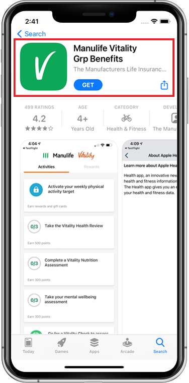 A screenshot of the Manulife Vitality Group Benefits app in the App Store, showing the Green Vitality 'V' logo and the name of the app 'Manulife Vitality Grp Benefits'