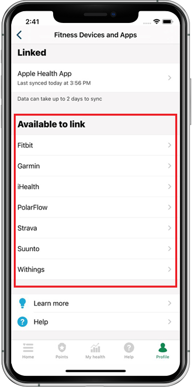 A screenshot of the 'Fitness Devices and Apps' screen from the Manulife Vitality Group Benefits app, showing a list of available fitness devices and apps that can be linked to the Manulife Vitality Group Benefits app