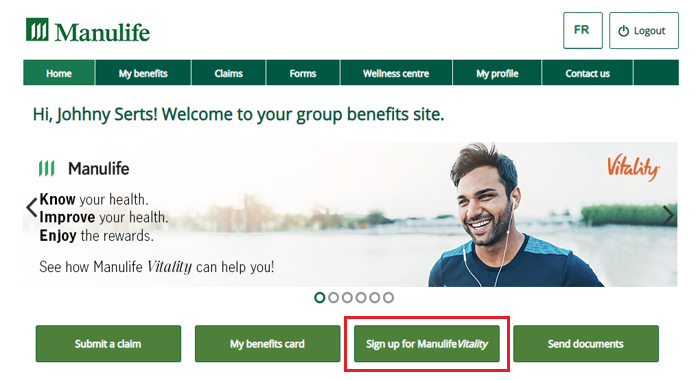 A screenshot of the Welcome Page from a Manulife Group Benefits online account, showing the 'Sign up for Manulife Vitality' button