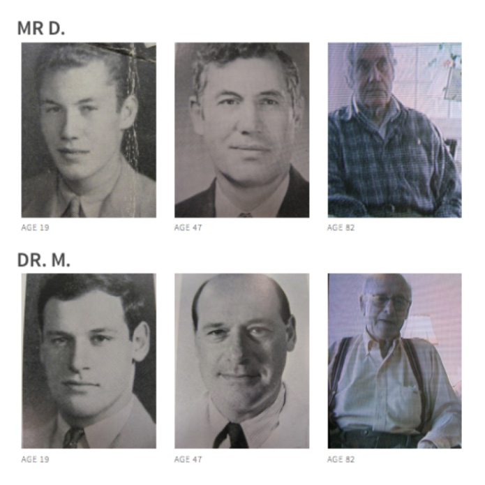 Image of two men that participated in the Harvard Grant study. They are pictured at different points in their lives while they were being documented.