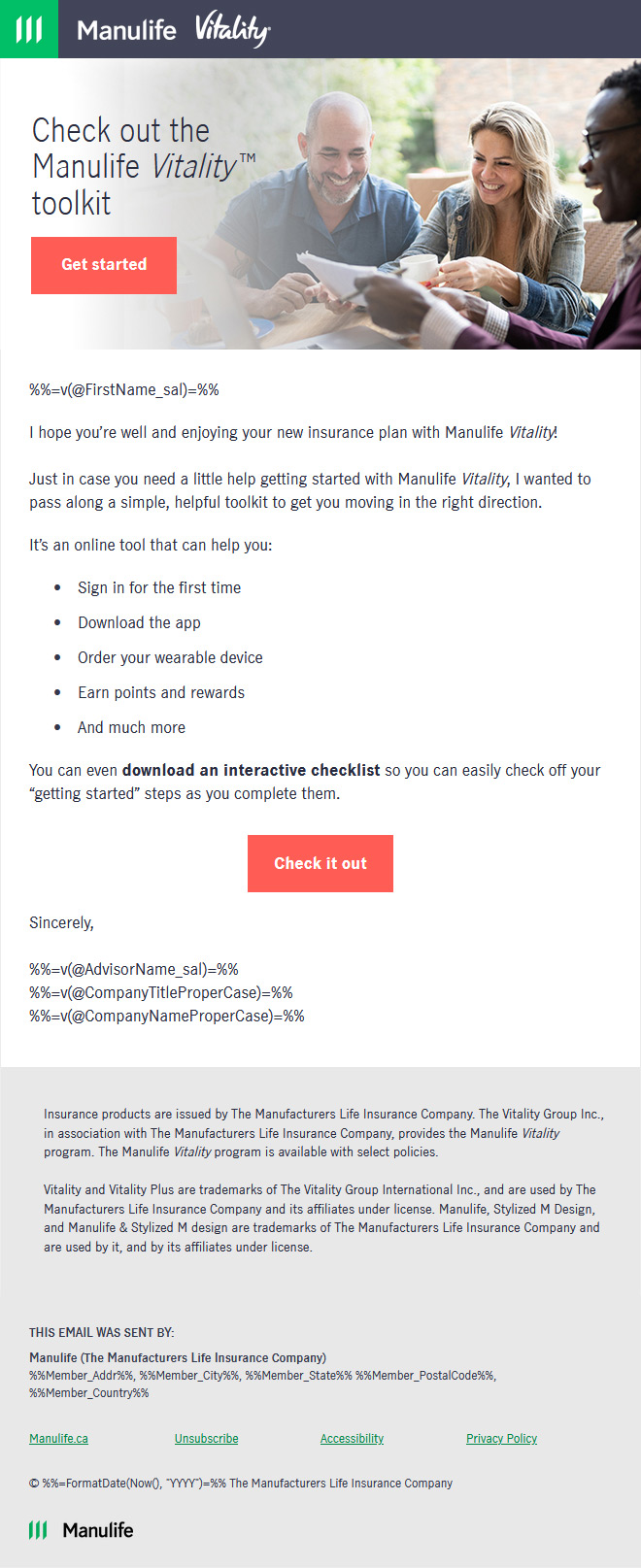 Example of the Vitality onboarding toolkit email giving your clients all their support options.