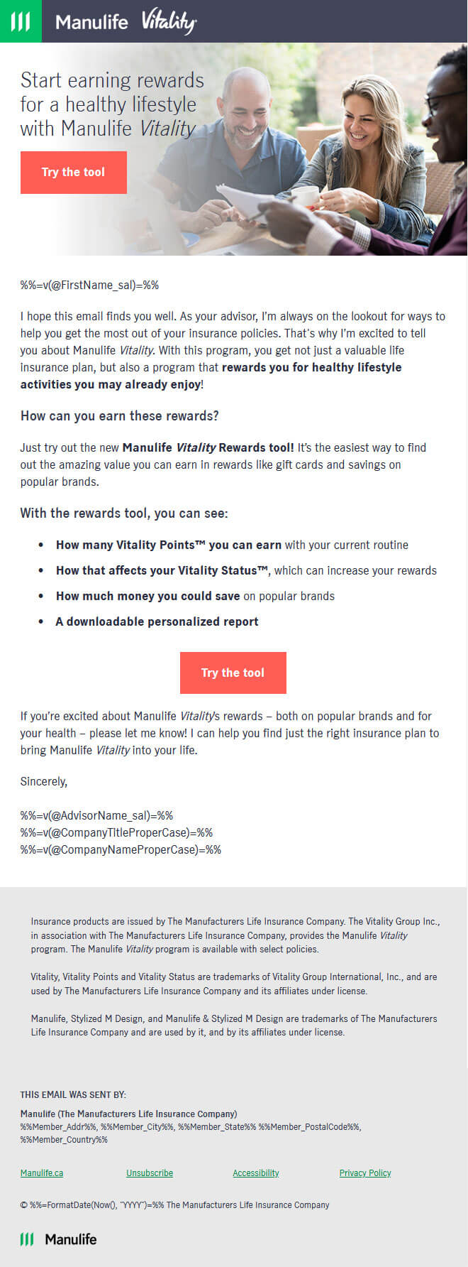 Example of the Vitality Simulator email to show your clients the incredible value they could be getting from Manulife Vitality