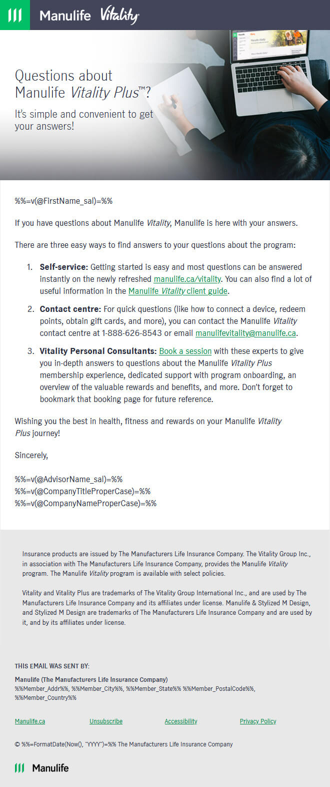 Example of the VPC support email giving your clients all their support options.