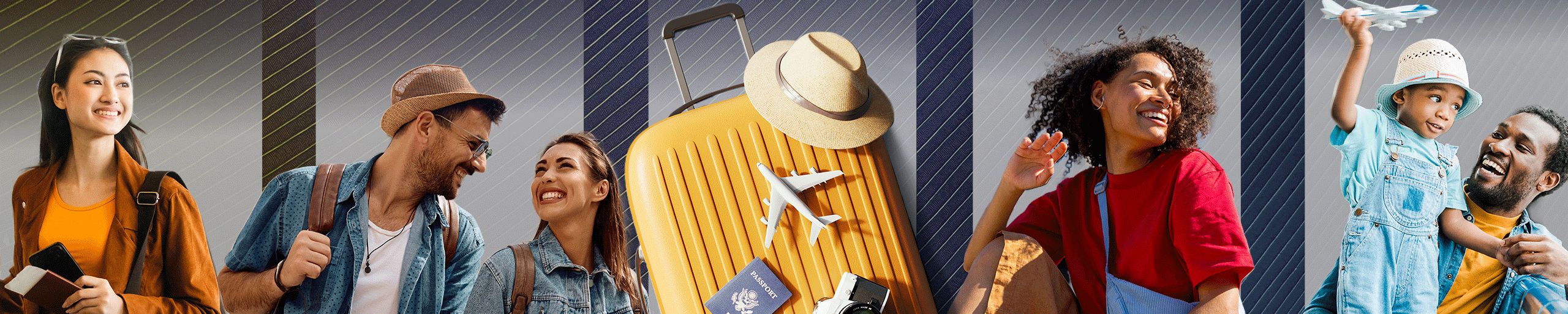 Collage of travelers, luggage, a passport, and a model airplane representing vacations and travel experiences.