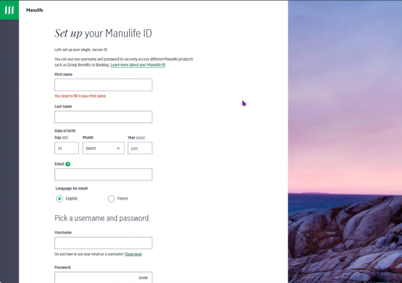 Step 1, the Manulife ID setup page, with required form fields to complete your activation