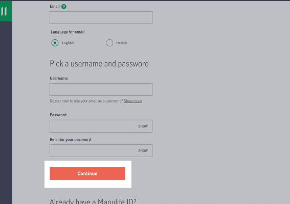Step 2, the Manulife ID setup page, with required form fields, and the Continue button is in focus