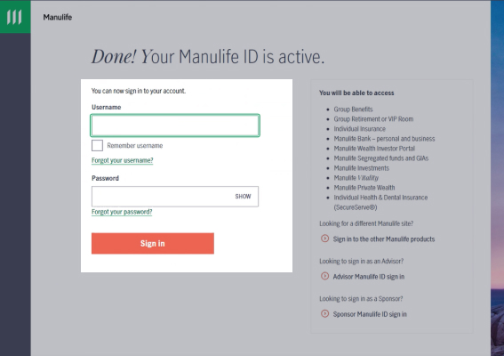 Step 3, the Manulife Sign-In page, form fields for username and password is in focus with the Sign-in button located below it